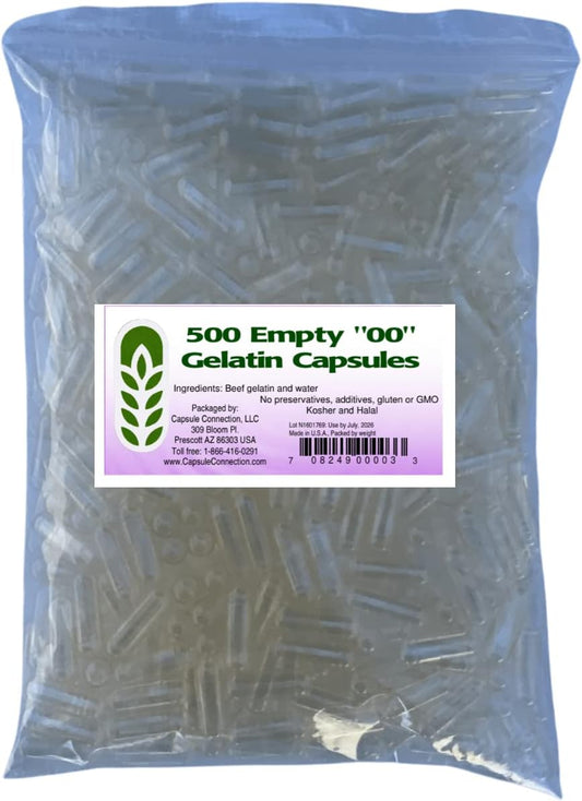 500 Count Size 00 Empty Gelatin Capsules - Made in USA, Resealable Bag, Natural Ingredients
