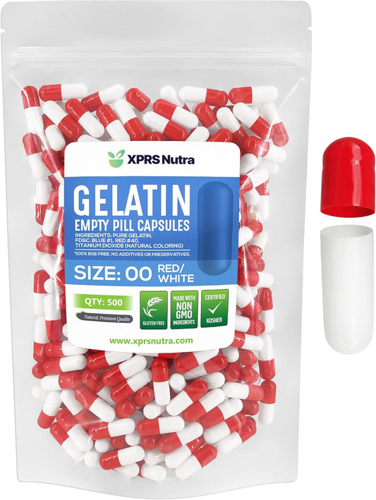 500 Count Size 00 Empty Gelatin Capsules for DIY Capsule Filling - Red/White Fillable Pill Capsules by XPRS Nutra Size