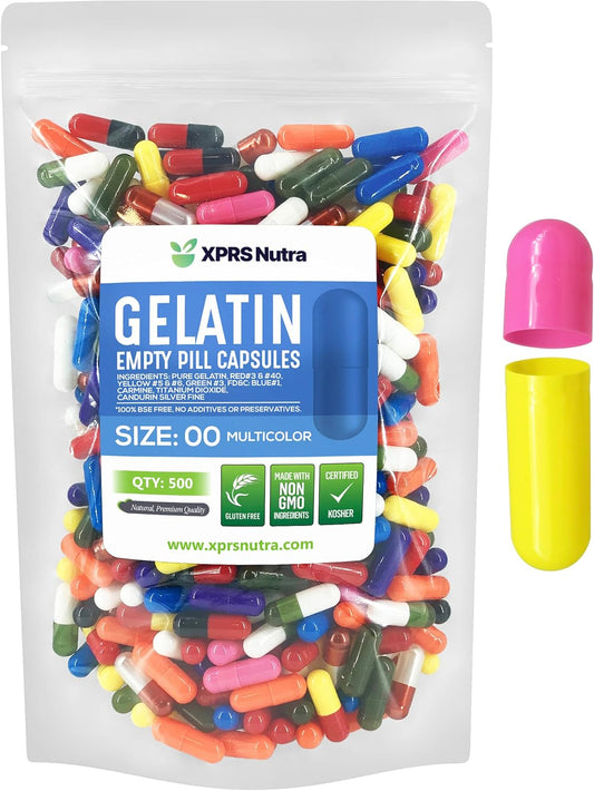 500 Count Size 00 Empty Gelatin Capsules for DIY Capsule Filling - Fillable Pill Capsules in Multi Colors by XPRS Nutra