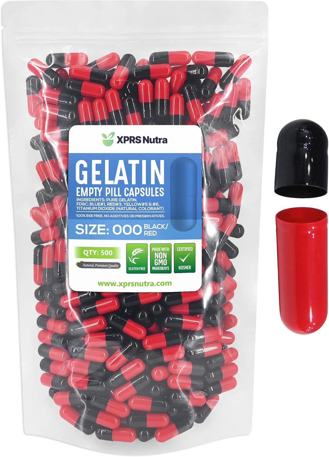 500 Count Size 000 Empty Gelatin Capsules for DIY Supplement Filling - Red/Black Color Gel Caps Pills - Fillable Empty Pill Capsules by XPRS Nutra