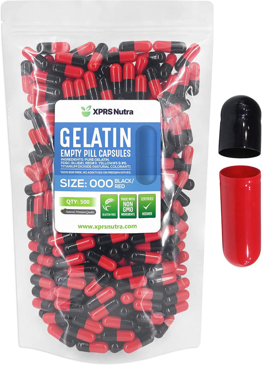 500 Count Size 000 Empty Gelatin Capsules for DIY Supplement Filling - Red/Black Color Gel Caps Pills - Fillable Empty Pill Capsules by XPRS Nutra