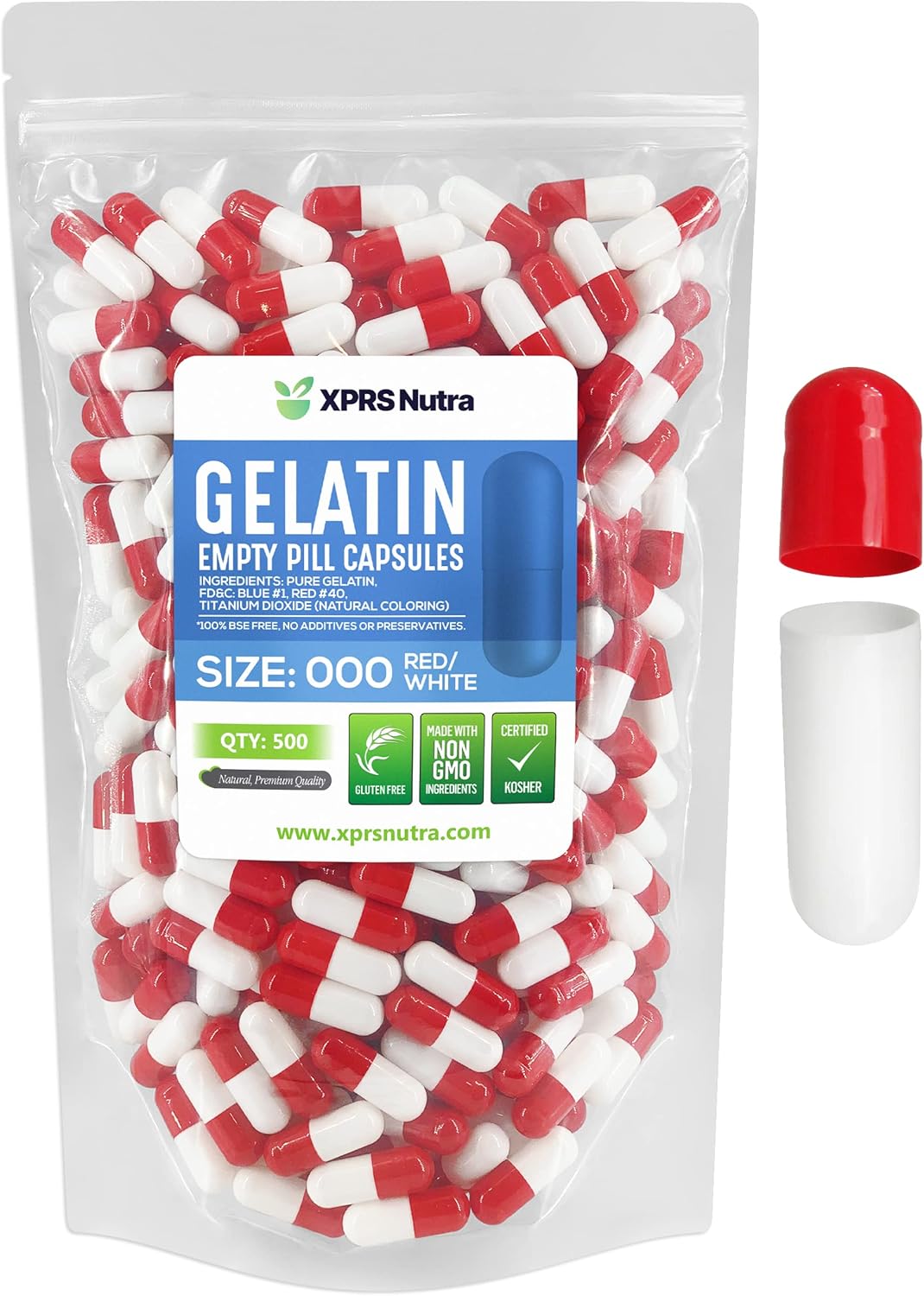 500 Count Size 000 Empty Gelatin Capsules for DIY Supplement Filling in Red and White