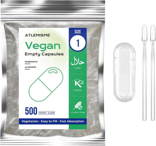 500 Count Size 1 Vegan Empty Capsules with Micro Lab Spoons for DIY Vegetable Filling