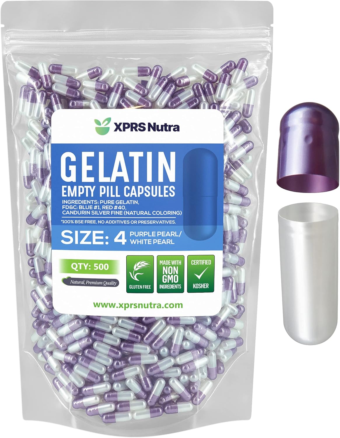 500 Count Small Empty Gelatin Capsules for DIY Capsule Filling - Bovine Pill Capsules - Pearl Purple/White Empty Gel Capsules