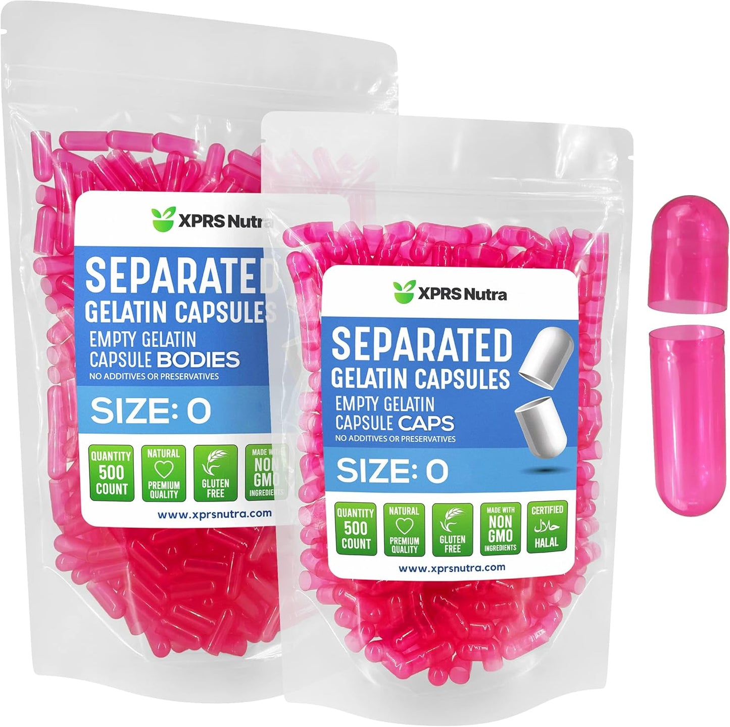 500 Count XPRS Nutra Gelatin Size 0 Empty Capsules in Bags for DIY Supplement Filling - Azalea Pink Gelatin Capsules