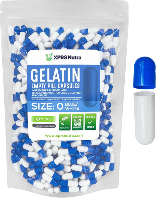 500 Count XPRS Nutra Size 0 Blue/White Empty Gelatin Capsules for DIY Capsule Filling