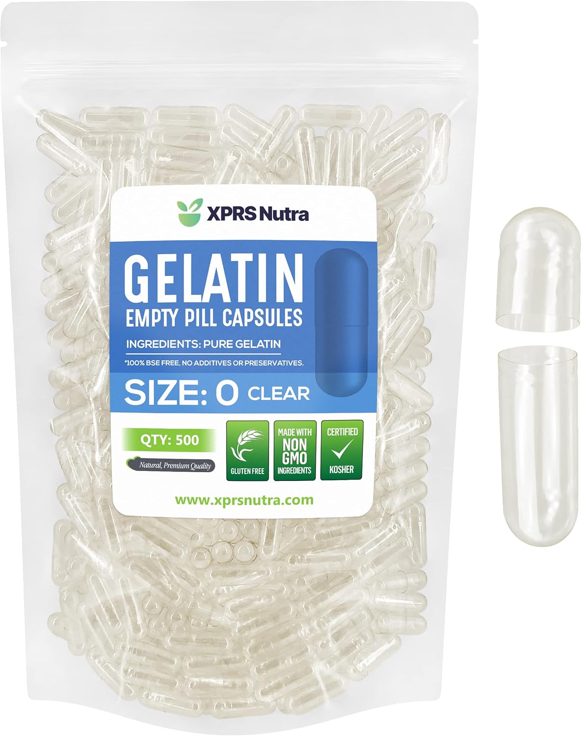 500 Count XPRS Nutra Size 0 Clear Empty Gelatin Capsules for DIY Capsule Filling