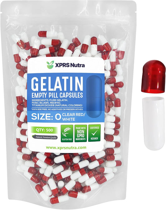 500 Count XPRS Nutra Size 0 Clear Red/White Empty Gelatin Capsules for DIY Capsule Filling