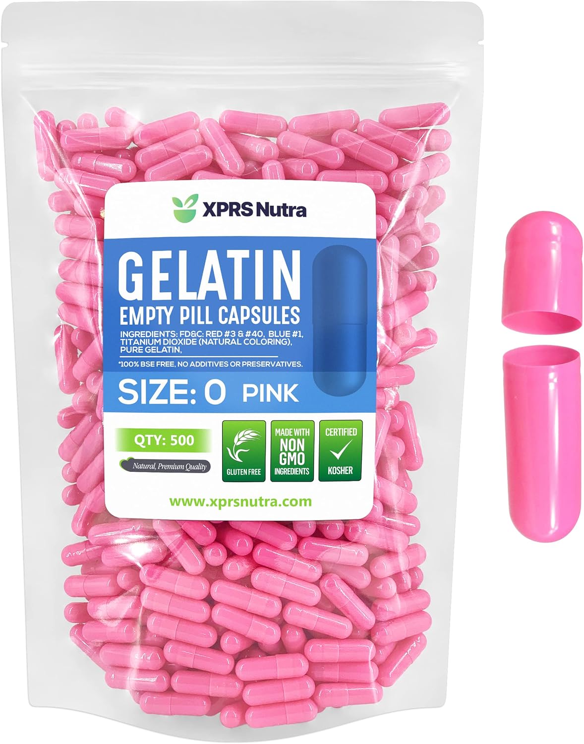 500 Count XPRS Nutra Size 0 Empty Gelatin Capsules for DIY Capsule Filling - Pure Bovine Empty Pill Capsules - Pink Gel Caps