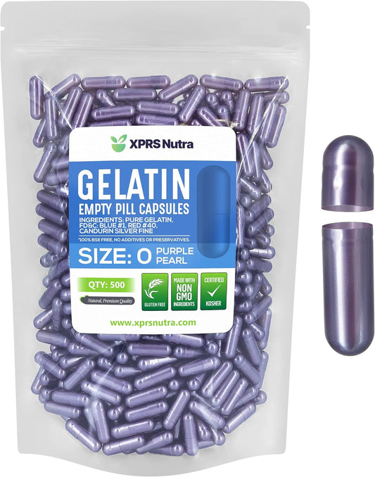 500 Count XPRS Nutra Size 0 Empty Gelatin Capsules for DIY Capsule Filling - Pure Bovine Empty Pill Capsules in Pearl Purple