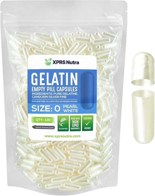 500 Count XPRS Nutra Size 0 Empty Gelatin Capsules for DIY Capsule Filling - Pure Bovine Pill Capsules, Pearl White