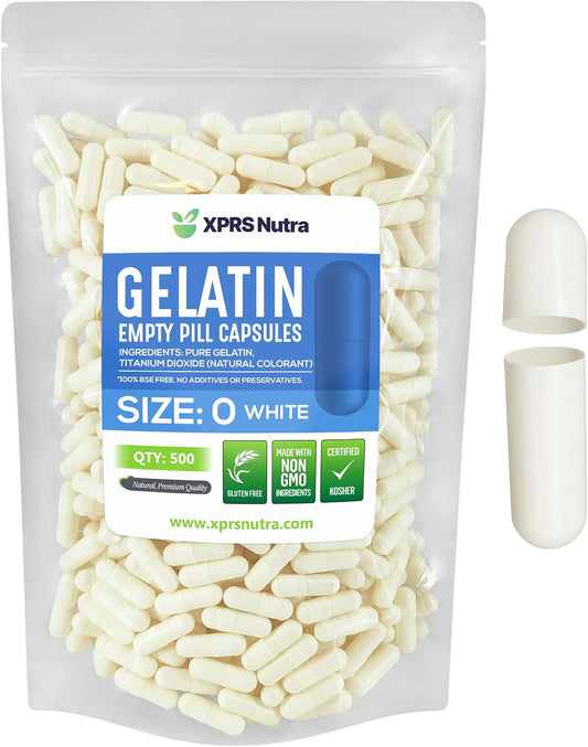 500 Count XPRS Nutra Size 0 Empty Gelatin Capsules for DIY Capsule Filling - Pure Bovine Pill Capsules Empty Gel Caps - White
