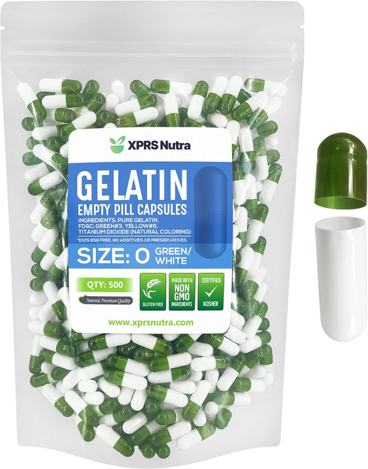 500 Count XPRS Nutra Size 0 Empty Gelatin Capsules for DIY Capsule Filling - Pure Bovine Empty Pill Capsules (Green/White)