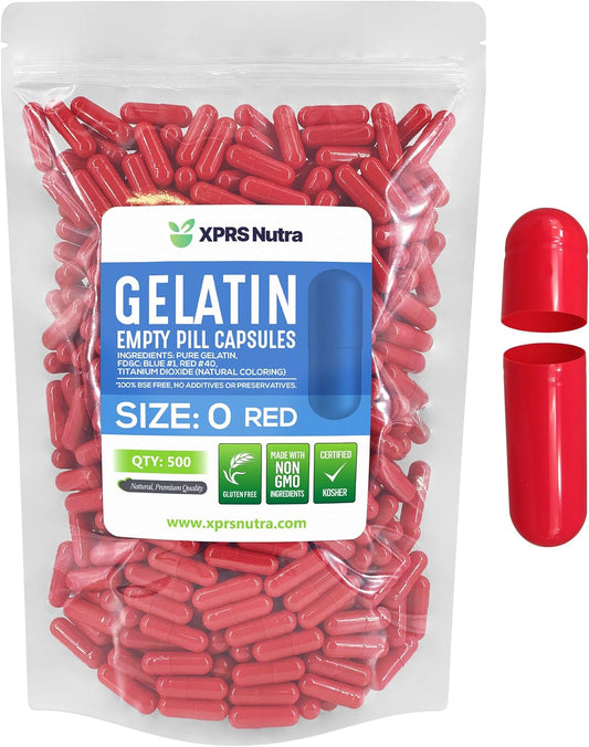 500 Count XPRS Nutra Size 0 Empty Gelatin Capsules for DIY Capsule Filling - Pure Bovine Pill Capsules Empty Gel Caps (Red)