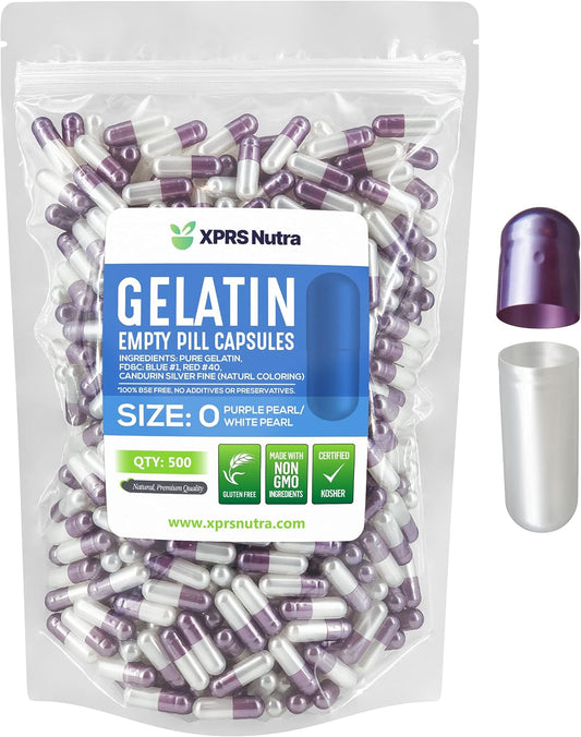 500 Count XPRS Nutra Size 0 Empty Gelatin Capsules for DIY Capsule Filling - Bovine Pill Capsules in Pearl Purple/White - Empty Pill Capsules