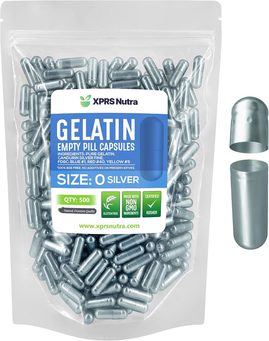 500 Count XPRS Nutra Size 0 Empty Gelatin Capsules for DIY Capsule Filling - Pure Bovine Pill Capsules (Silver)