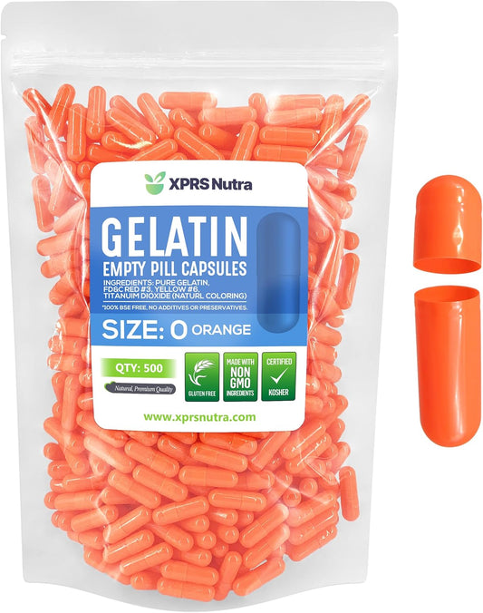 500 Count XPRS Nutra Size 0 Empty Gelatin Capsules for DIY Capsule Filling - Pure Bovine Pill Capsules Empty Gel Caps - Orange