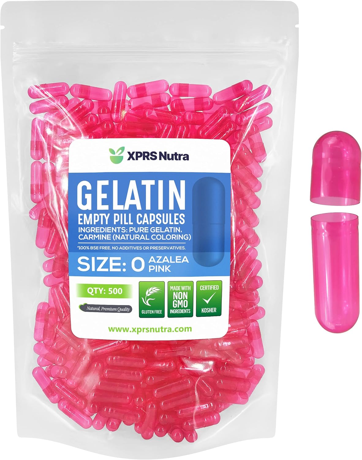 500 Count XPRS Nutra Size 0 Empty Gelatin Capsules for DIY Capsule Filling - Pure Bovine Pill Capsules in Azalea Pink