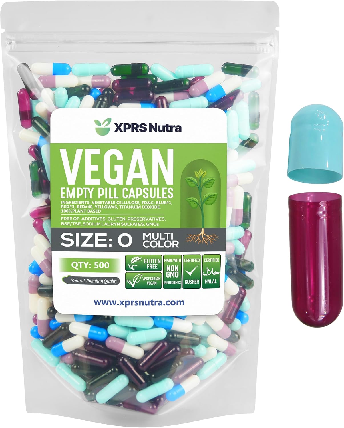 500 Count XPRS Nutra Size 0 Empty Vegan Capsules for DIY Vegetable Capsule Filling - Vegetarian Pill Caps Empty Caps (Multi Color)