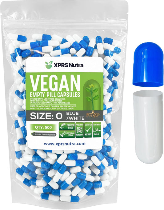 500 Count XPRS Nutra Size 0 Empty Vegan Pill Capsules for DIY Vegetable Filling - Vegetarian Veggie Caps Blue/White
