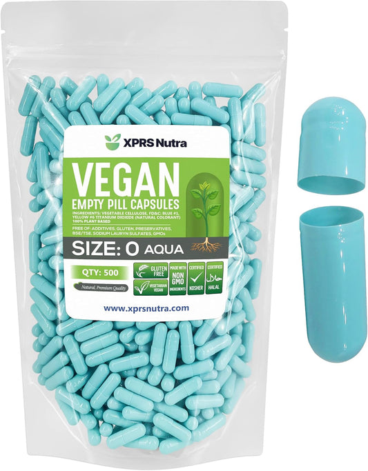 500 Count XPRS Nutra Size 0 Vegan Empty Capsules for DIY Vegetable Capsule Filling - Aqua Veggie Pill Caps Empty Caps
