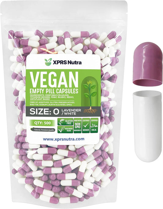 500 Count XPRS Nutra Size 0 Vegan Empty Capsules for DIY Vegetable Filling - Lavender/White Veggie Pill Caps