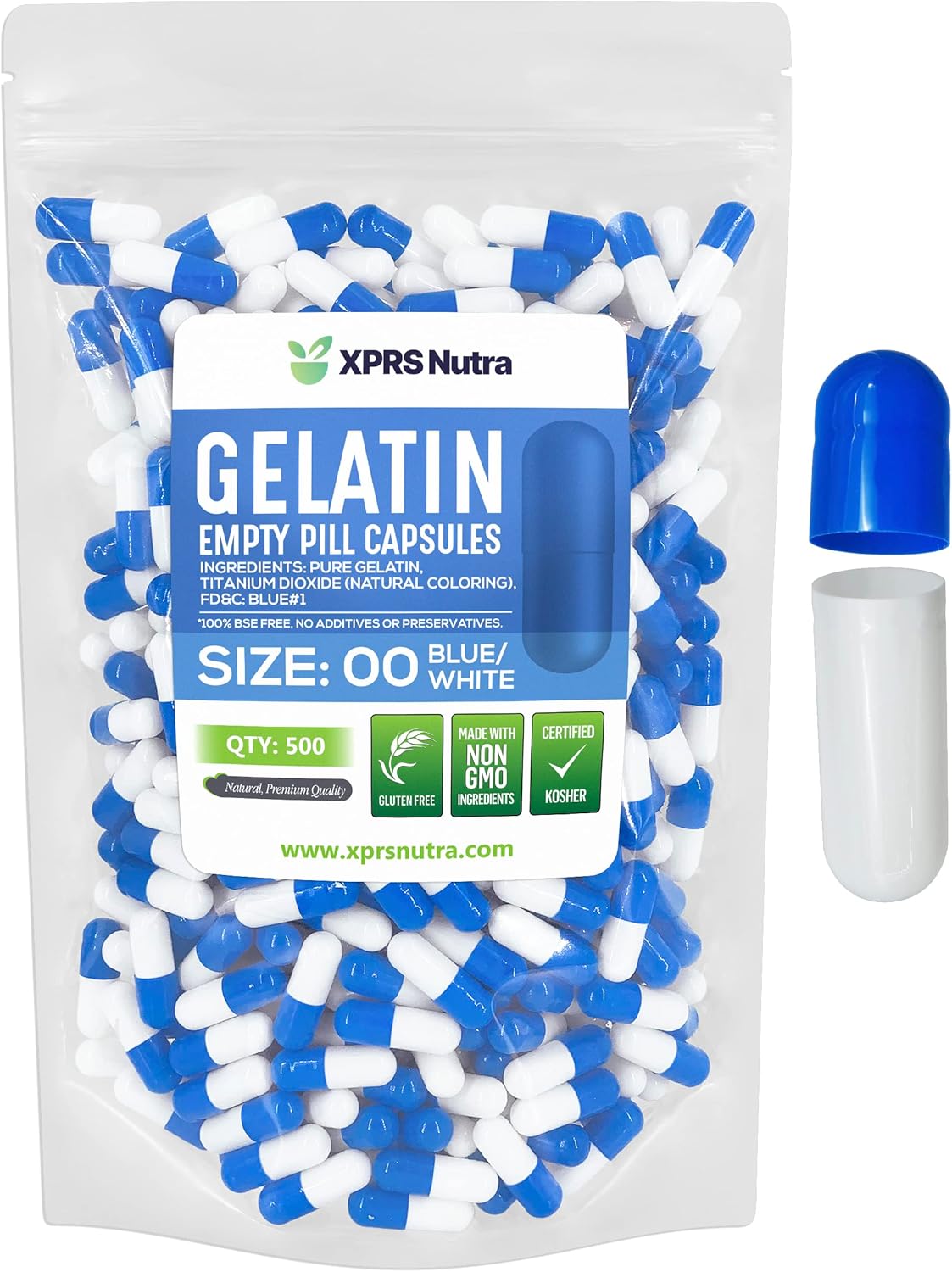 500 Count XPRS Nutra Size 00 Blue/White Empty Gelatin Capsules for DIY Capsule Filling