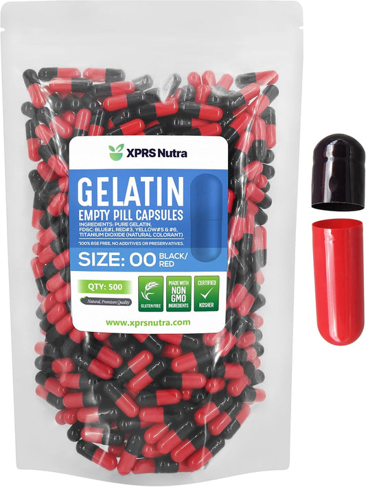500 Count XPRS Nutra Size 00 Empty Gelatin Capsules for DIY Filling - Fillable Pill Capsules in Black/Red