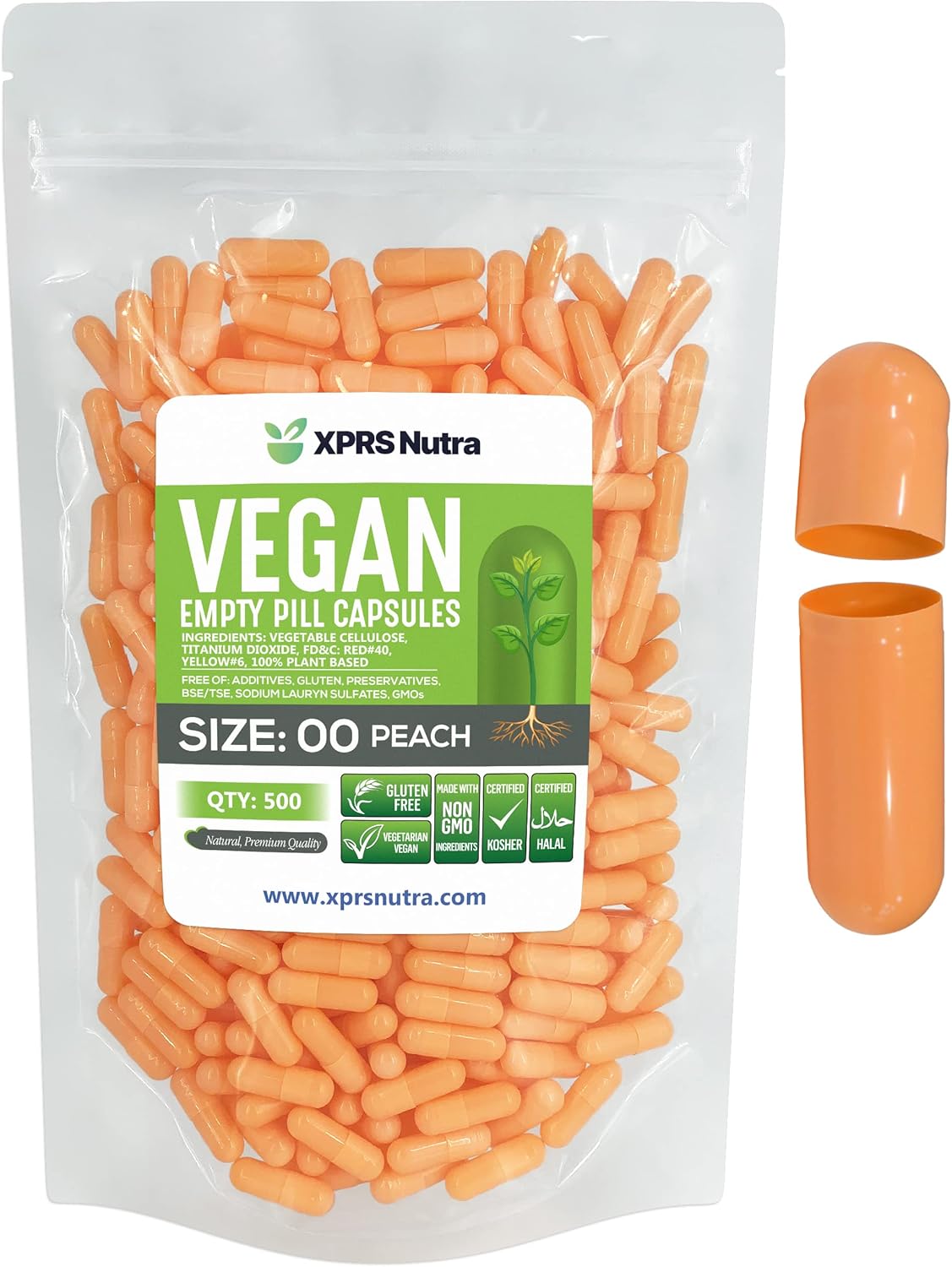 500 Count XPRS Nutra Size 00 Vegan Empty Capsules for DIY Vegetable Filling - Peach Veggie Pill Caps