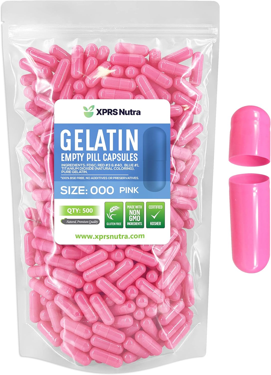 500 Count XPRS Nutra Size 000 Empty Gelatin Capsules for DIY Supplement Filling - Pink Fillable Color Gel Pills