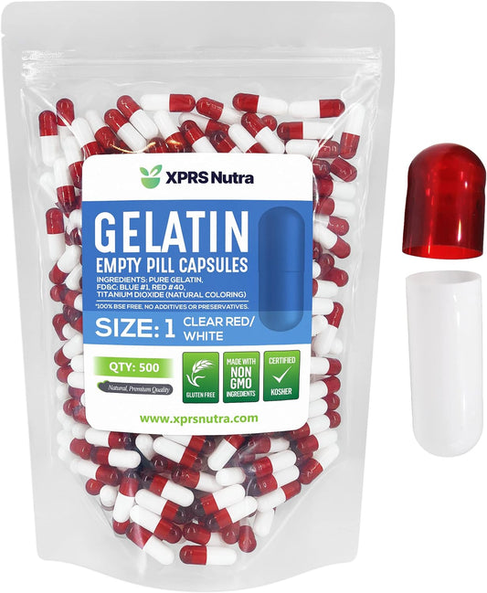 500 Count XPRS Nutra Size 1 Clear Red/White Empty Gelatin Capsules for DIY Capsule Filling