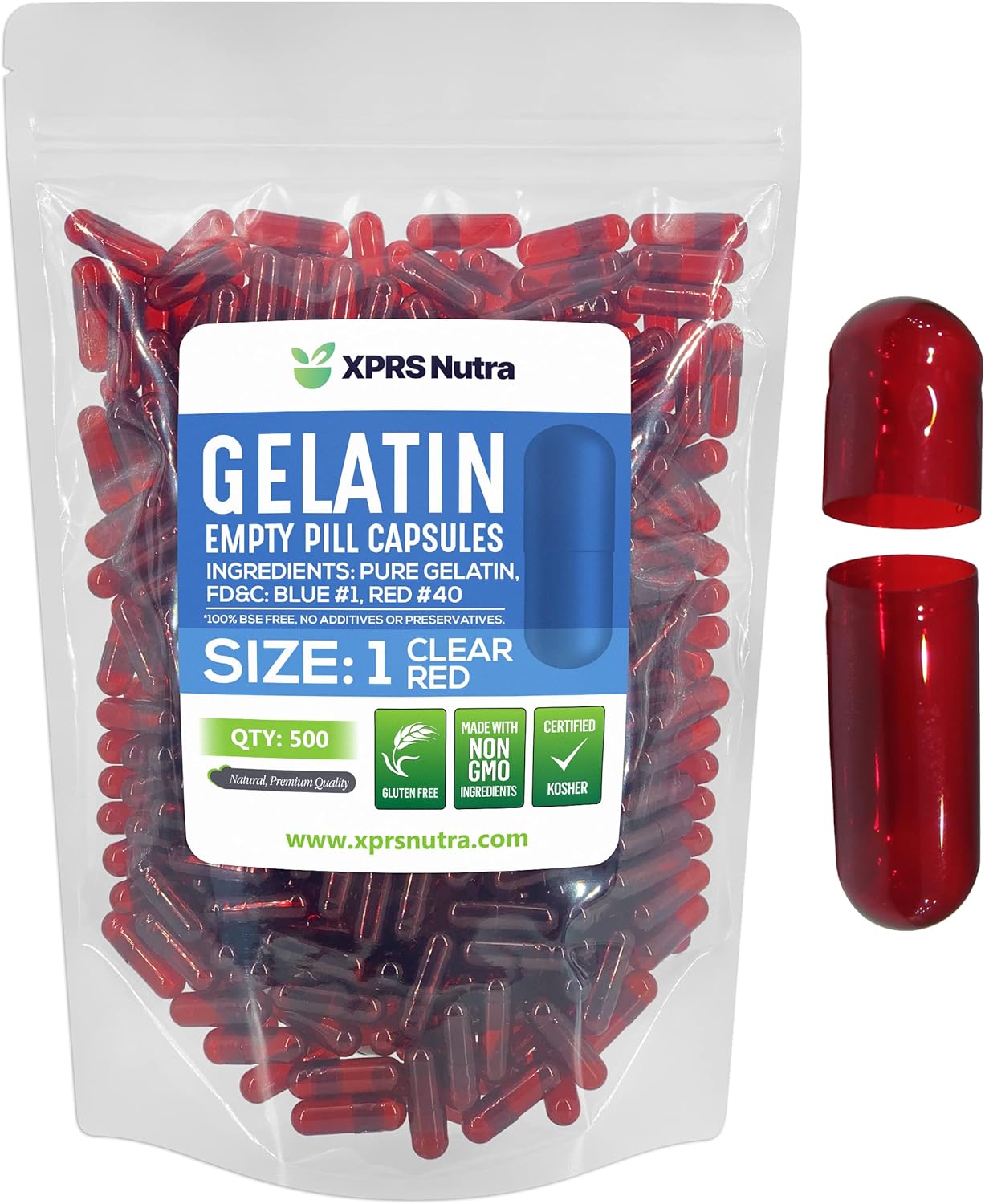 500 Count XPRS Nutra Size 1 Colored Empty Gelatin Capsules for DIY Supplement Filling - Clear Red Fillable Gel Caps Pills