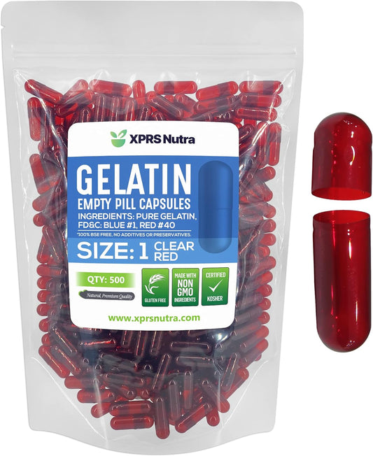 500 Count XPRS Nutra Size 1 Colored Empty Gelatin Capsules for DIY Supplement Filling - Clear Red Fillable Gel Caps Pills