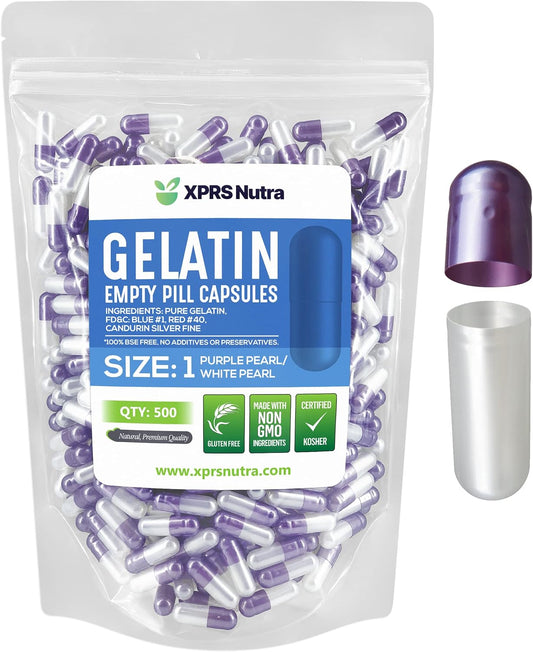 500 Count XPRS Nutra Size 1 Empty Gelatin Capsules for DIY Capsule Filling - Pure Bovine Pill Capsules - Pearl Purple/White