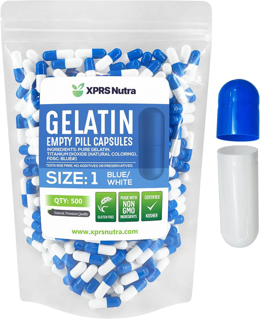 500 Count XPRS Nutra Size 1 Empty Gelatin Capsules for DIY Capsule Filling - Pure Bovine Pill Capsules (Blue/White)