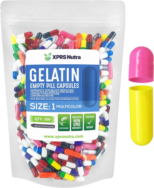 500 Count XPRS Nutra Size 1 Empty Gelatin Capsules for DIY Capsule Filling - Pure Bovine Pill Capsules - Multi Color Empty Pill Caps