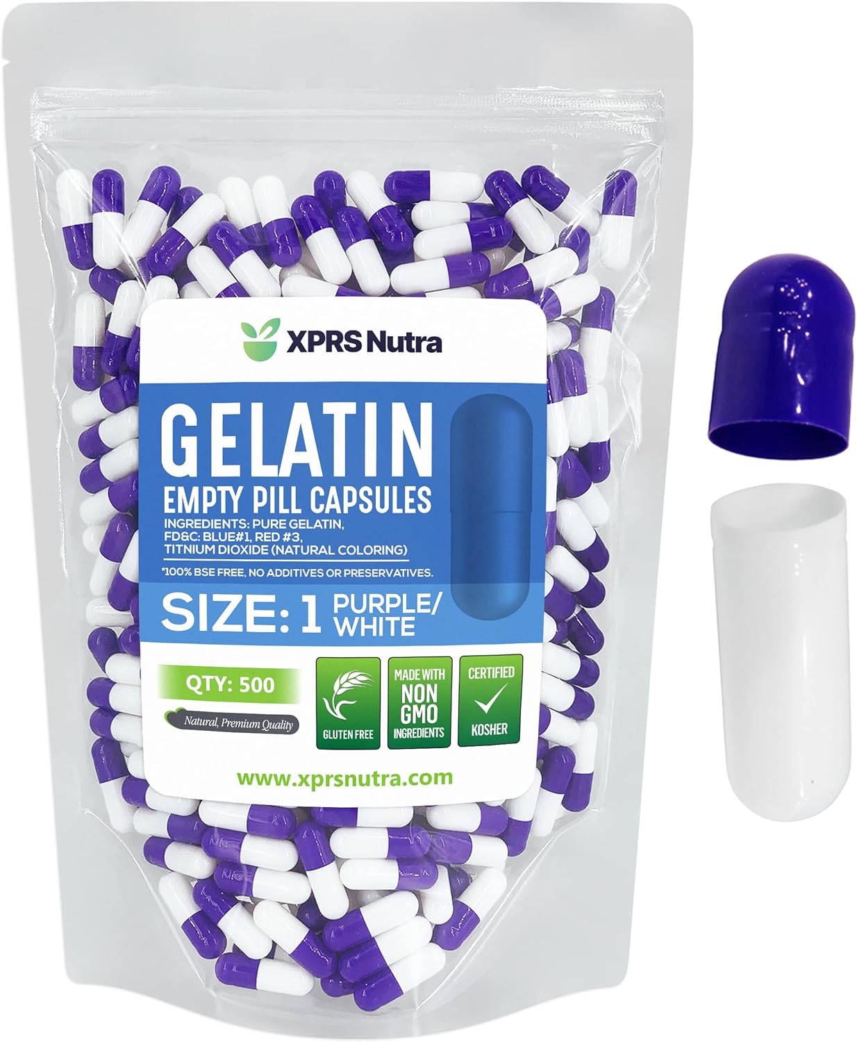 500 Count XPRS Nutra Size 1 Empty Gelatin Capsules for DIY Capsule Filling - Bovine Pill Capsules (Purple/White)