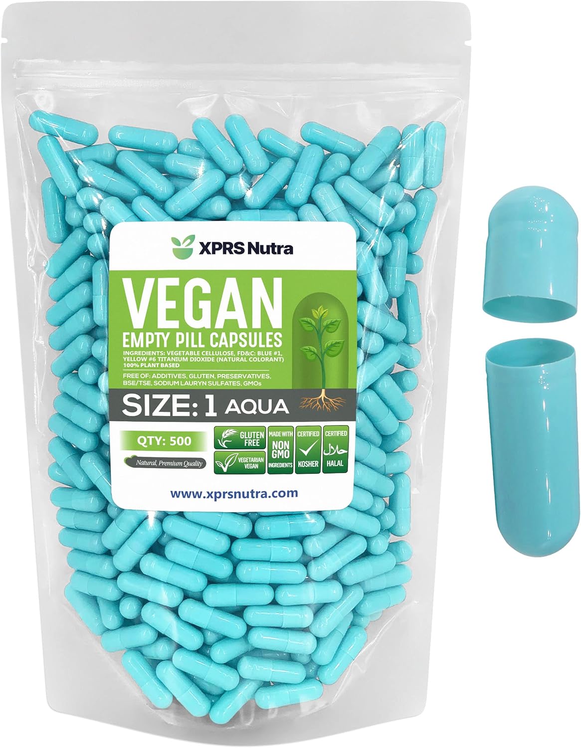 500 Count XPRS Nutra Size 1 Vegan Empty Capsules for DIY Vegetable Filling - Aqua Veggie Pill Caps