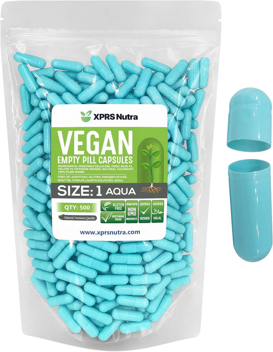 500 Count XPRS Nutra Size 1 Vegan Empty Capsules for DIY Vegetable Filling - Aqua Veggie Pill Caps