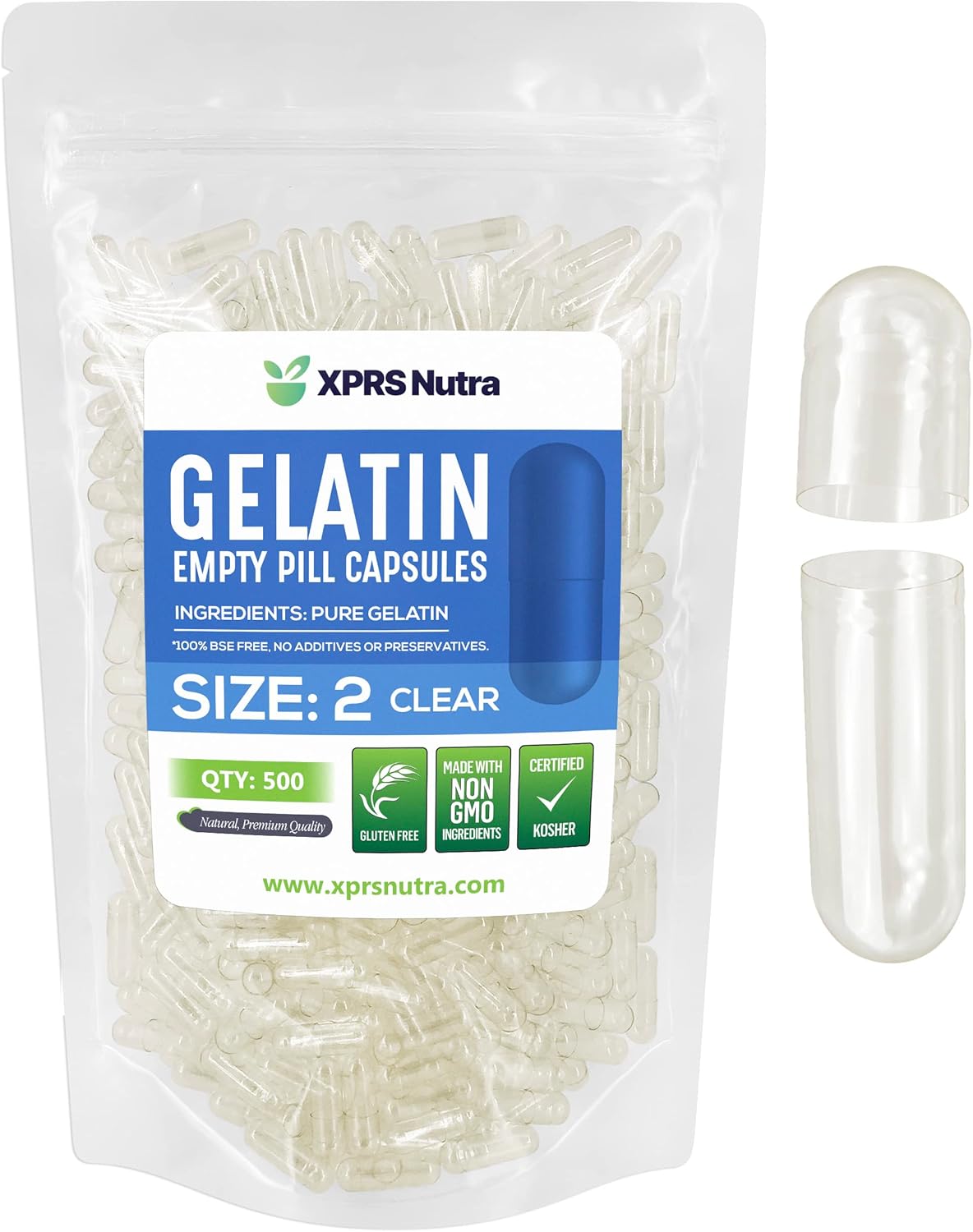 500 Count XPRS Nutra Size 2 Clear Empty Gelatin Capsules for DIY Capsule Filling