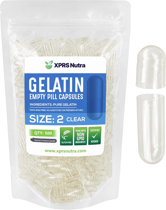 500 Count XPRS Nutra Size 2 Clear Empty Gelatin Capsules for DIY Capsule Filling