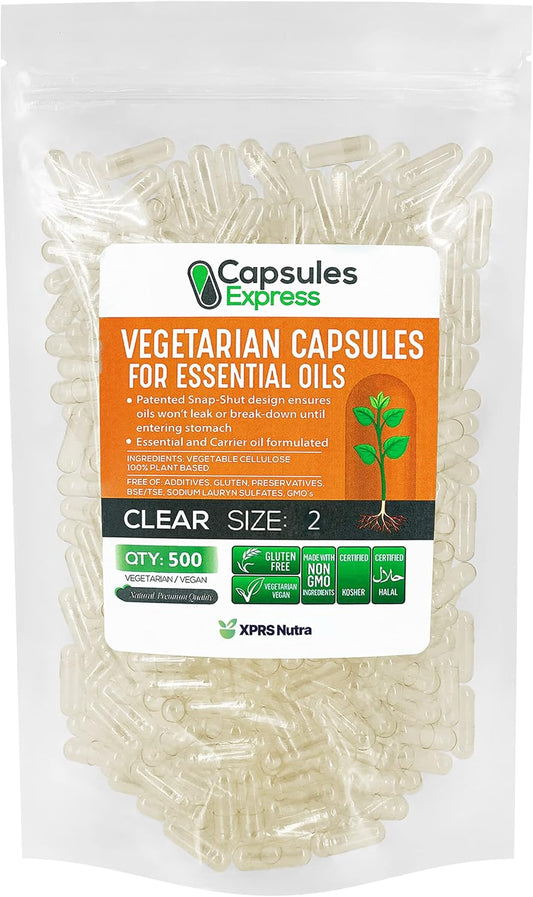 500 Count XPRS Nutra Size 2 Clear Vegan Capsules for Essential Oils - DIY Oil Filling with Compatible Oils