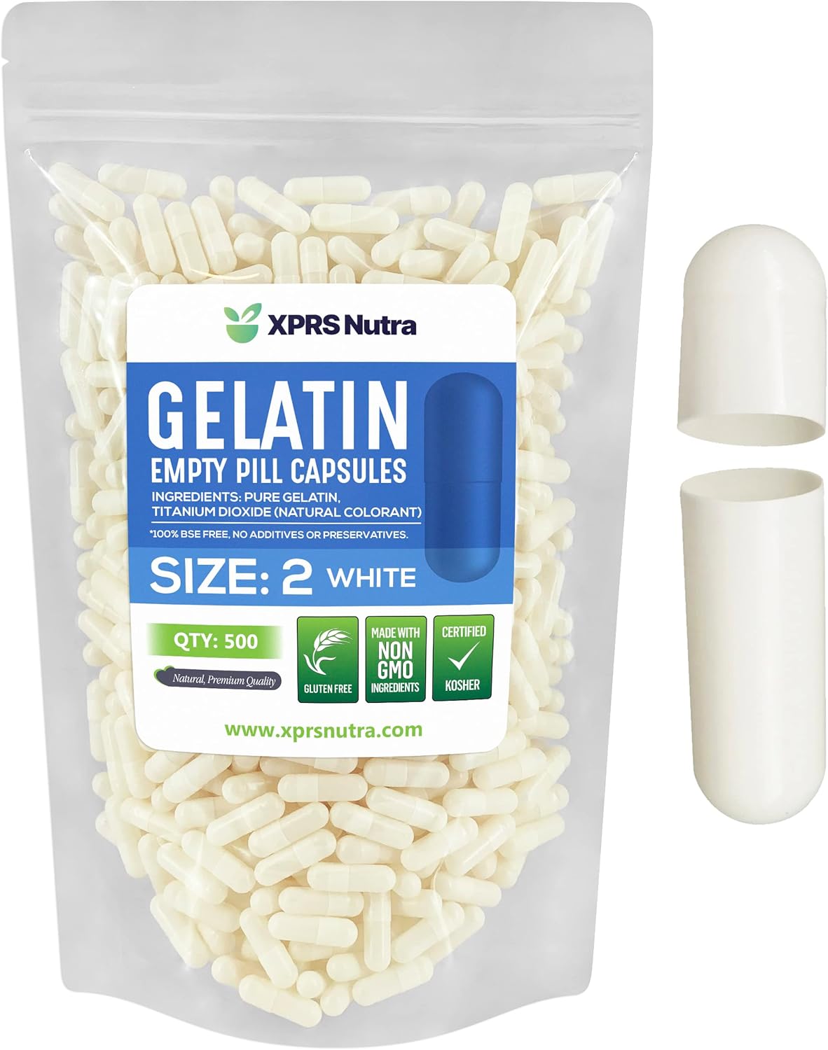 500 Count XPRS Nutra Size 2 Empty Gelatin Capsules for DIY Capsule Filling with Pure Bovine Gel Caps - White Color