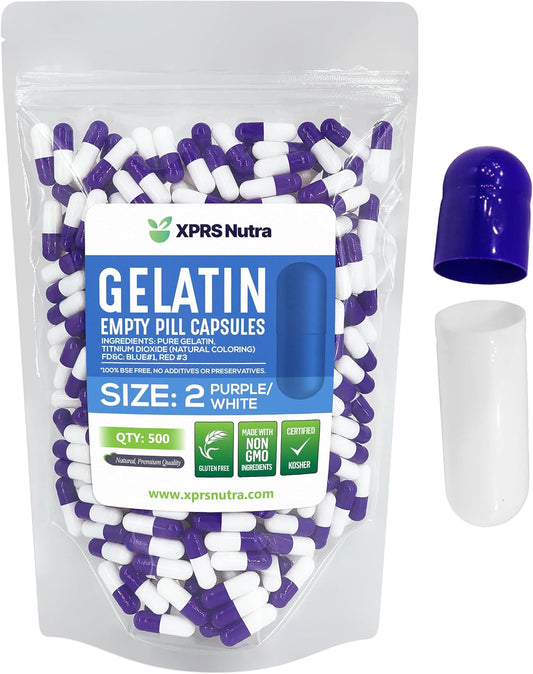 500 Count XPRS Nutra Size 2 Empty Gelatin Capsules for DIY Capsule Filling - Bovine Pill Capsules (Purple/White)