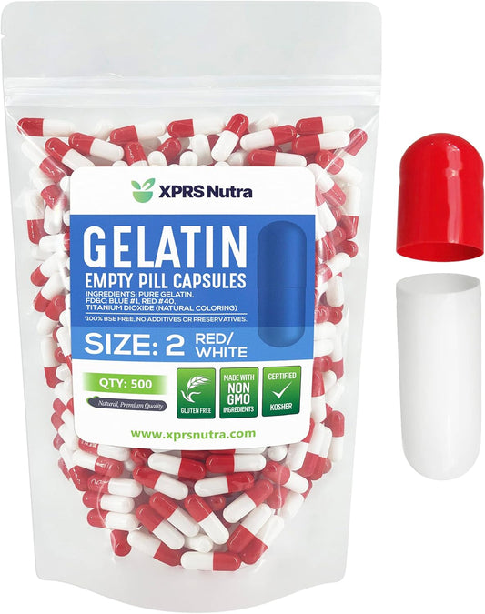 500 Count XPRS Nutra Size 2 Empty Gelatin Capsules for DIY Capsule Filling - Red/White Bovine Pill Caps