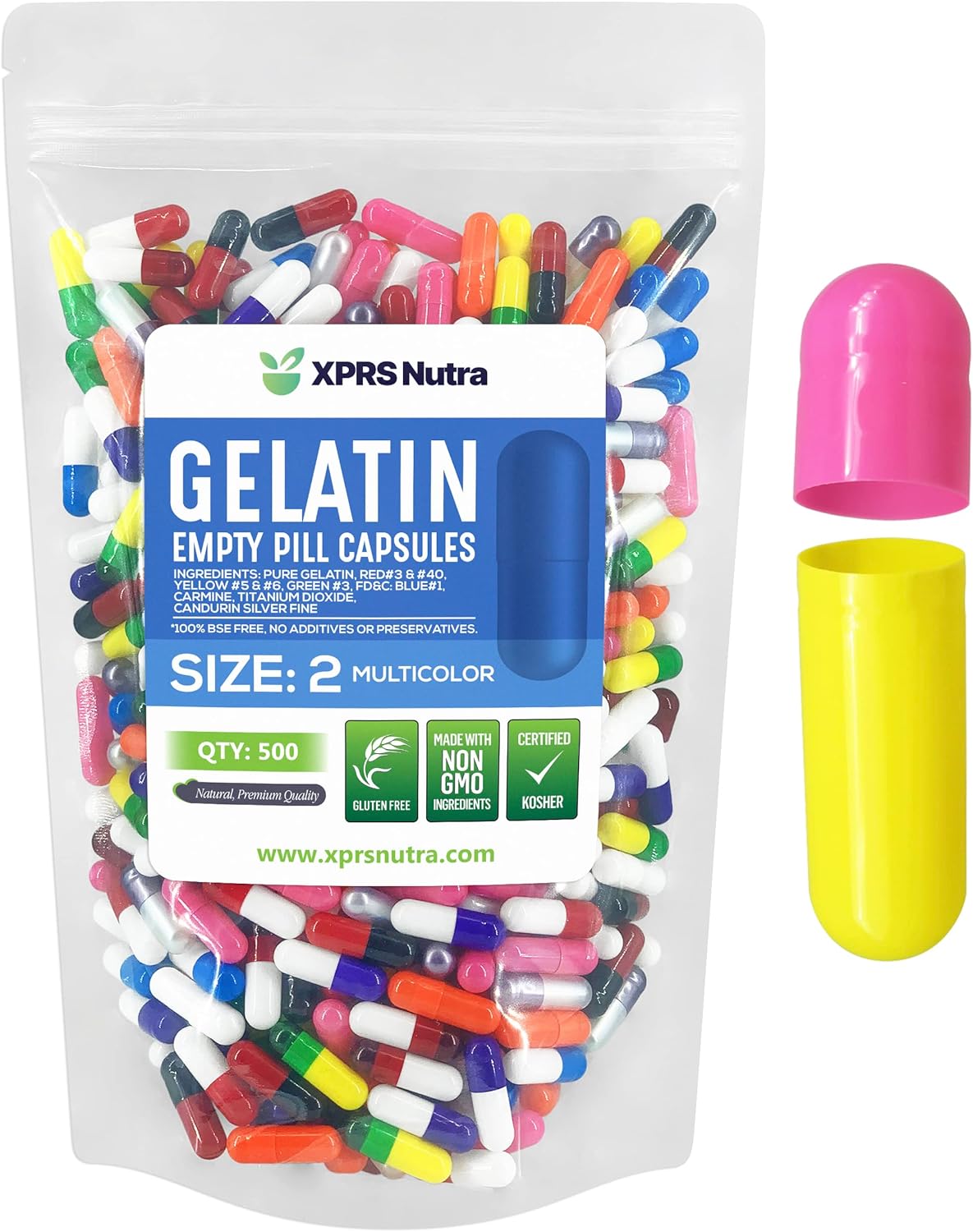 500 Count XPRS Nutra Size 2 Empty Gelatin Capsules for DIY Capsule Filling - Bovine Pill Capsules in Multi Colors