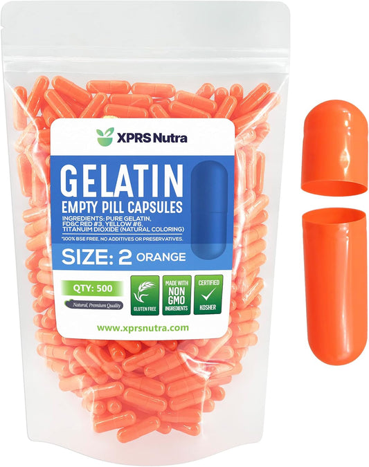 500 Count XPRS Nutra Size 2 Empty Gelatin Capsules for DIY Capsule Filling - Pure Bovine Pill Capsules Empty Gel Caps - Orange Color