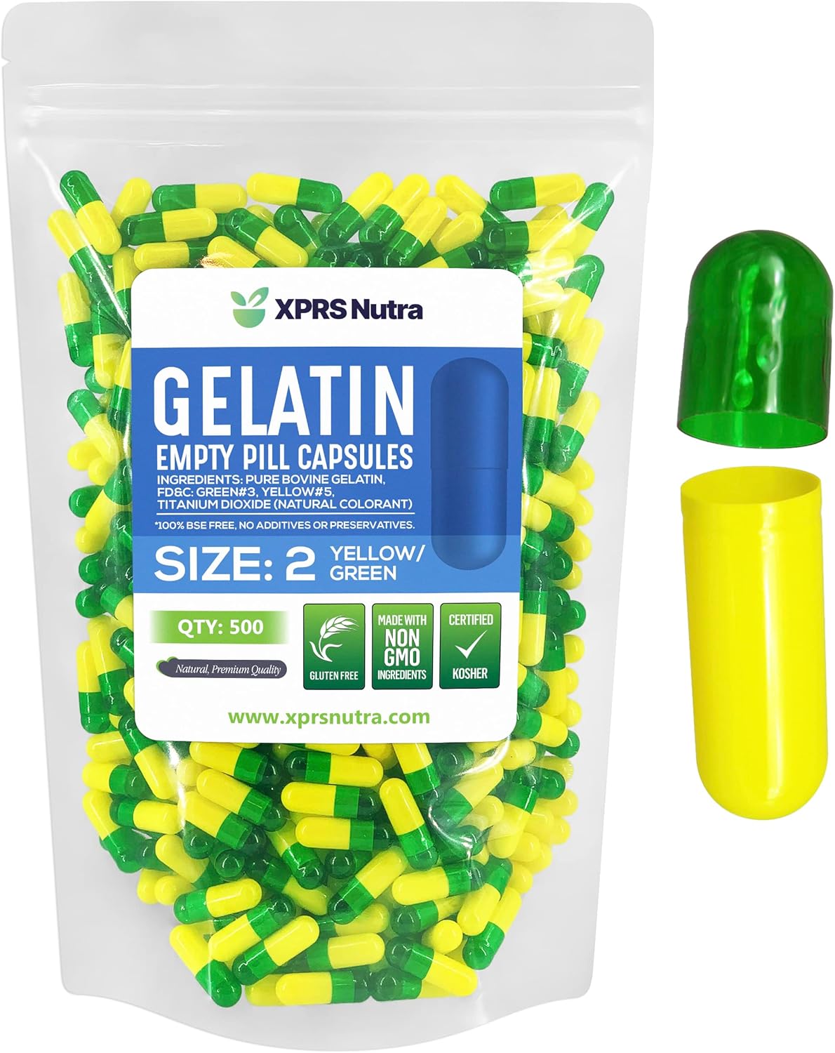 500 Count XPRS Nutra Size 2 Empty Gelatin Capsules for DIY Capsule Filling - Pure Bovine Green/Yellow Pill Caps