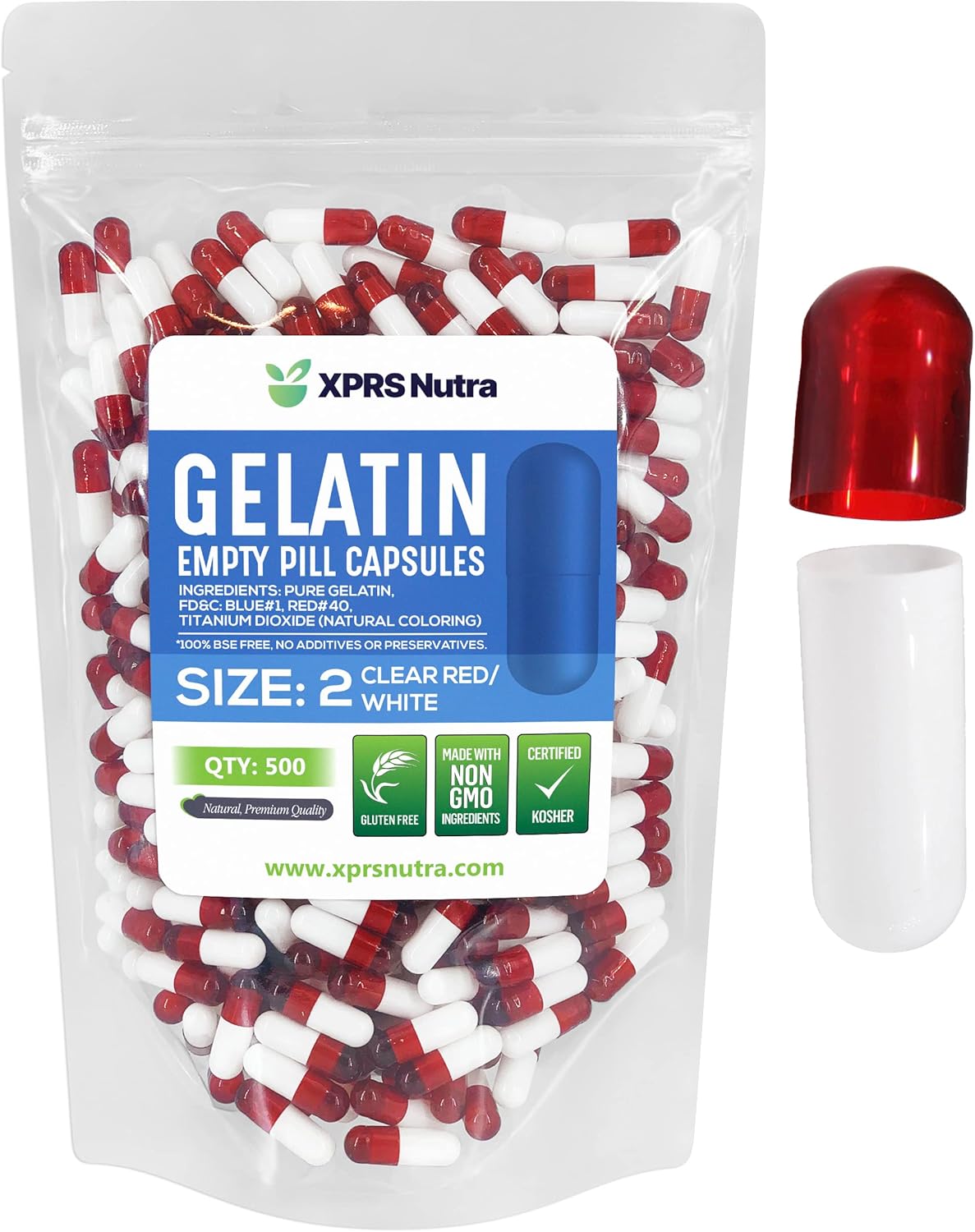 500 Count XPRS Nutra Size 2 Empty Gelatin Capsules for DIY Capsule Filling - Pure Bovine Pill Capsules - Clear Red/White