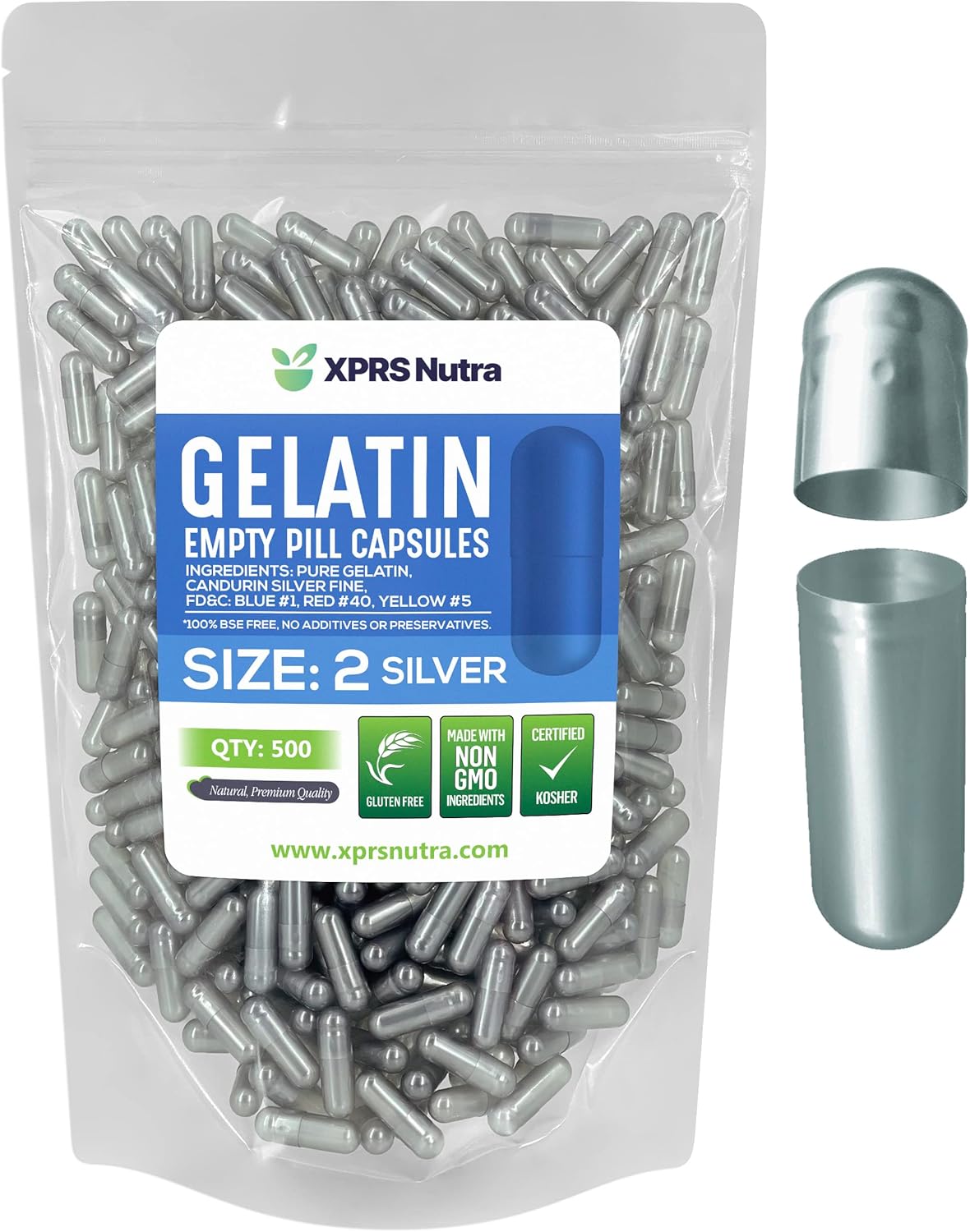500 Count XPRS Nutra Size 2 Empty Gelatin Capsules for DIY Supplement Filling - Silver Fillable Color Gel Caps Pills